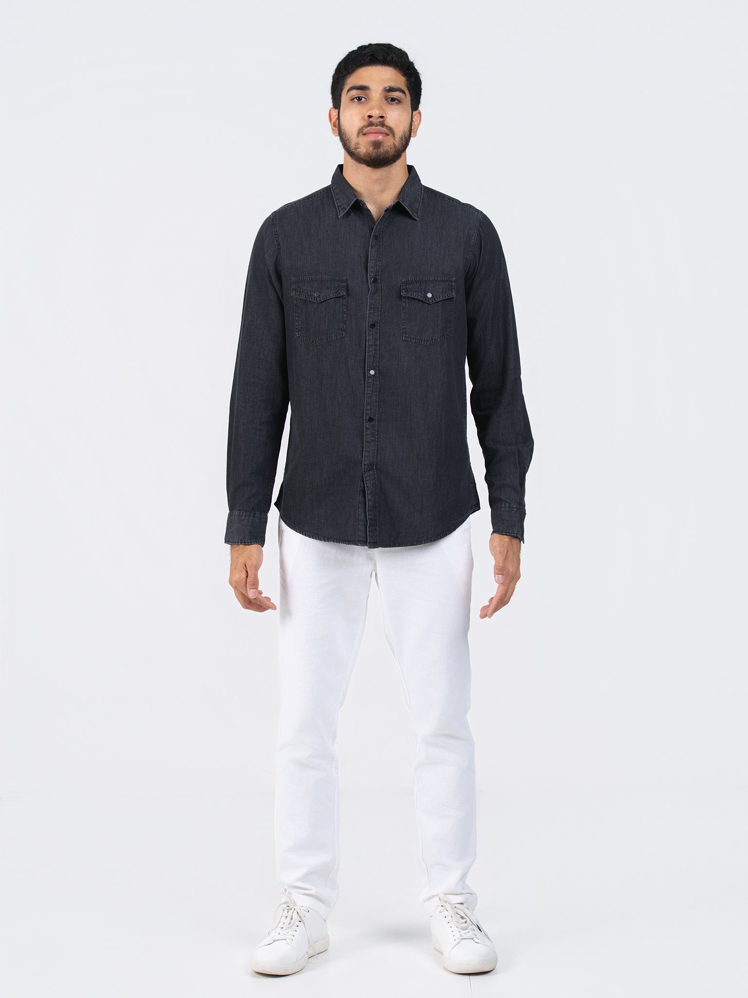 DEEDAT Slim Fit Long Sleeve Shirt - Gray Black