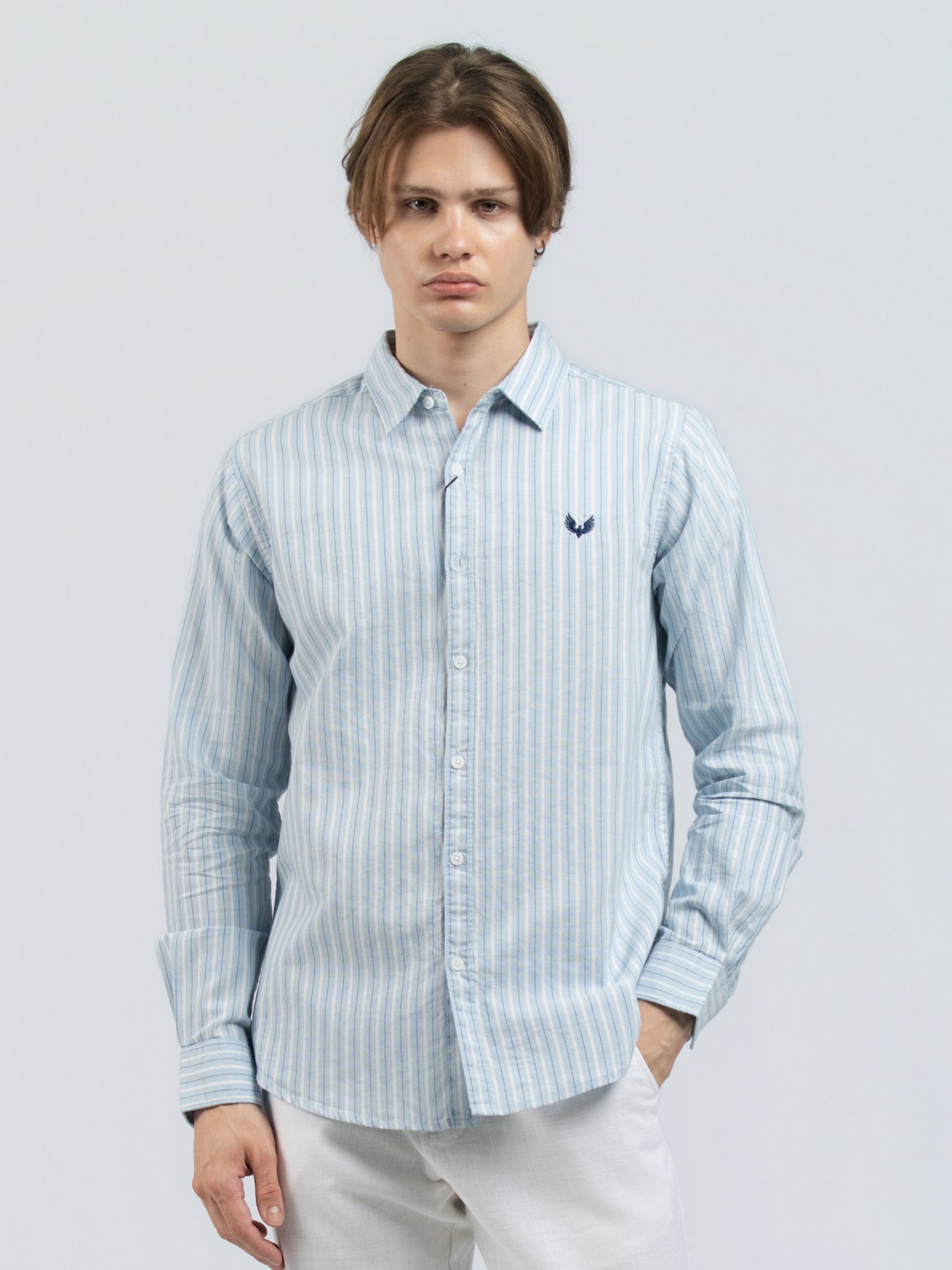 DEEDAT Striped Long Sleeves  Cutaway Collar Shirt - Blue
