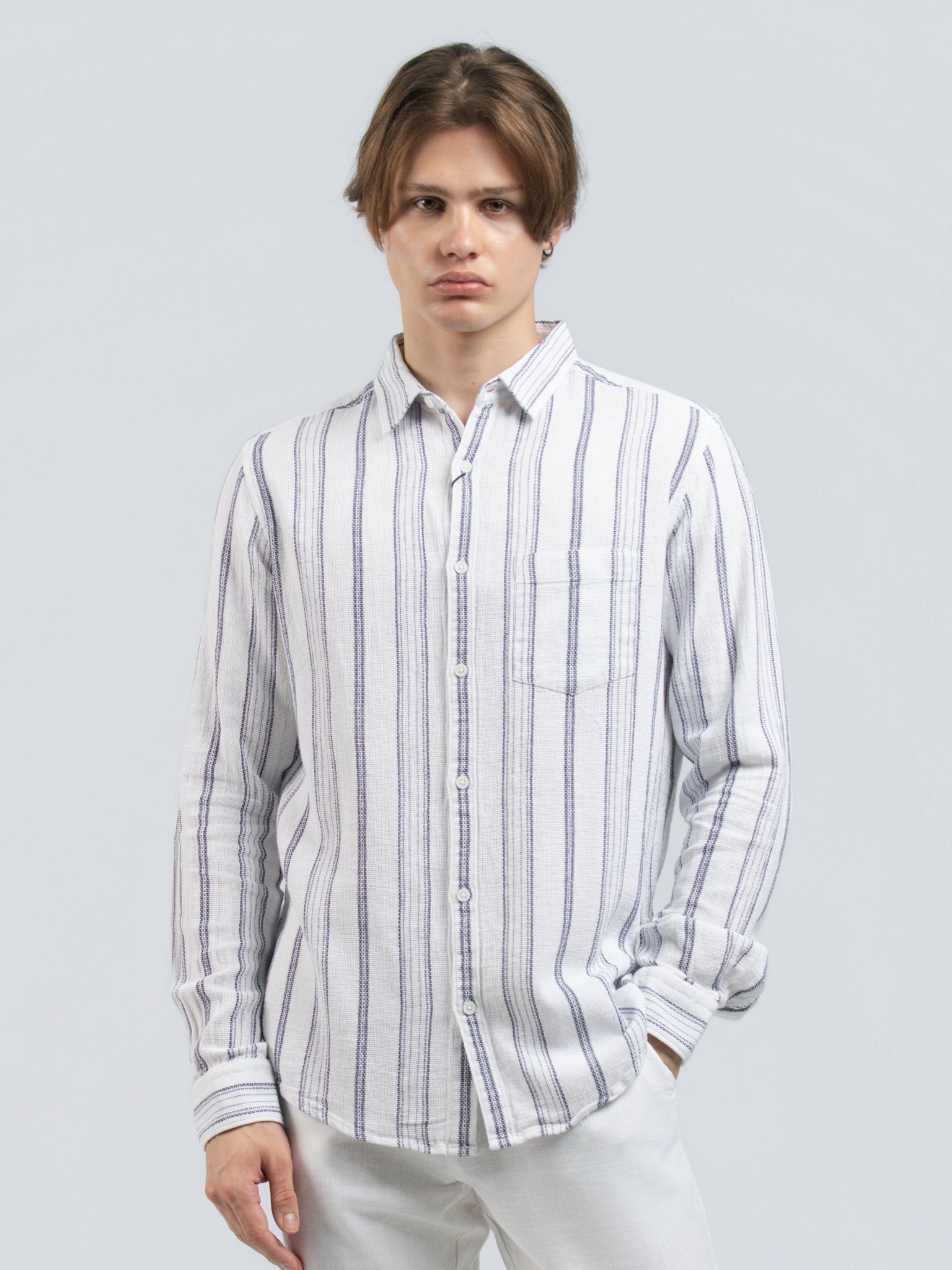 DEEDAT Slim Fit Long Sleeve cutaway collar striped shirt - White