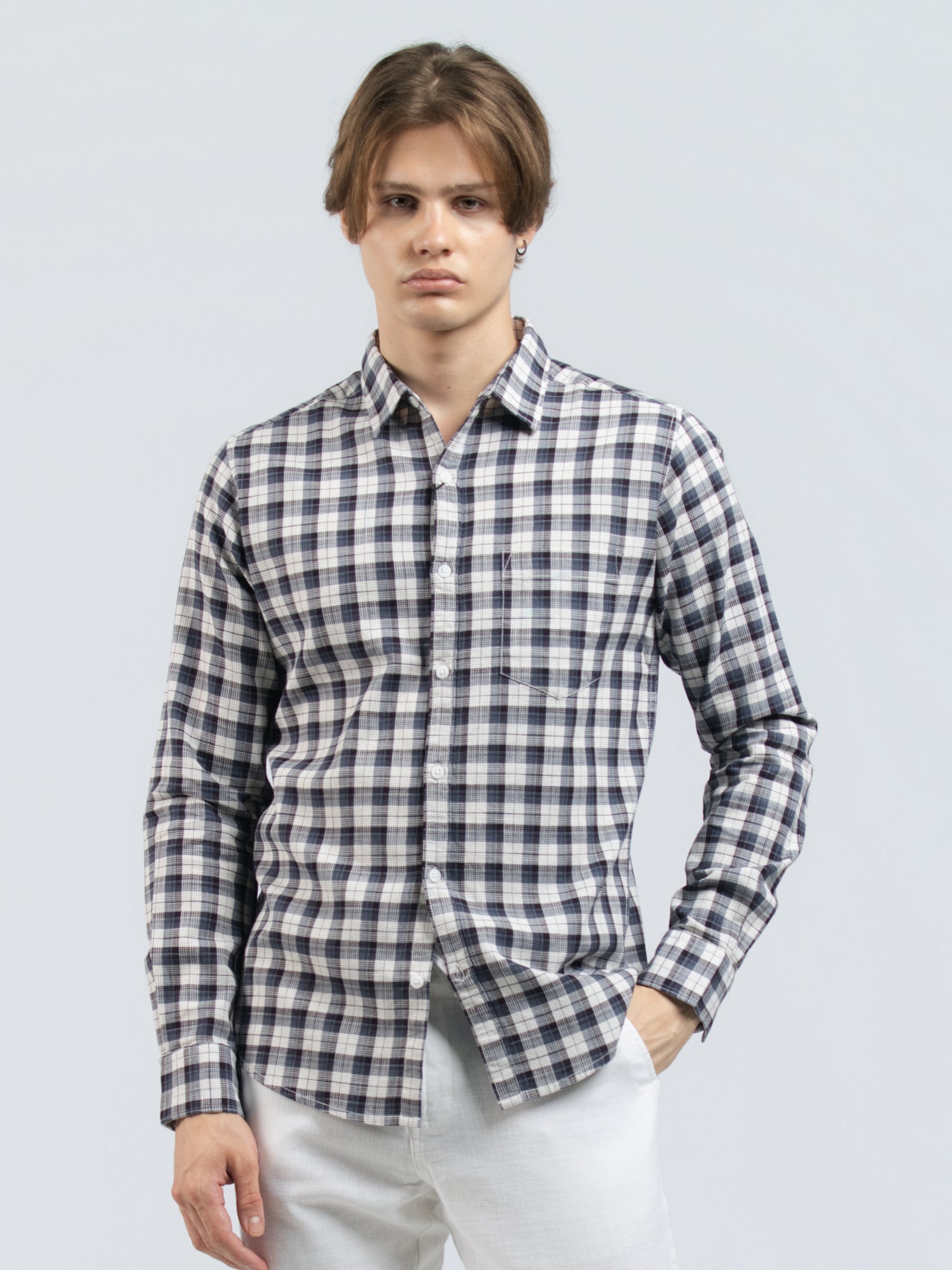 DEEDAT Slim Fit Long Sleeve cutaway collar check shirt - Blue