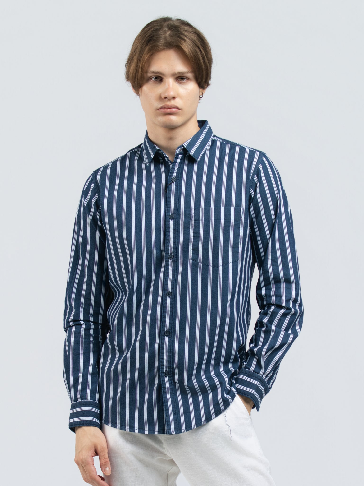 DEEDAT Slim Fit Long Sleeve cutaway collar striped shirt - Denim Blue