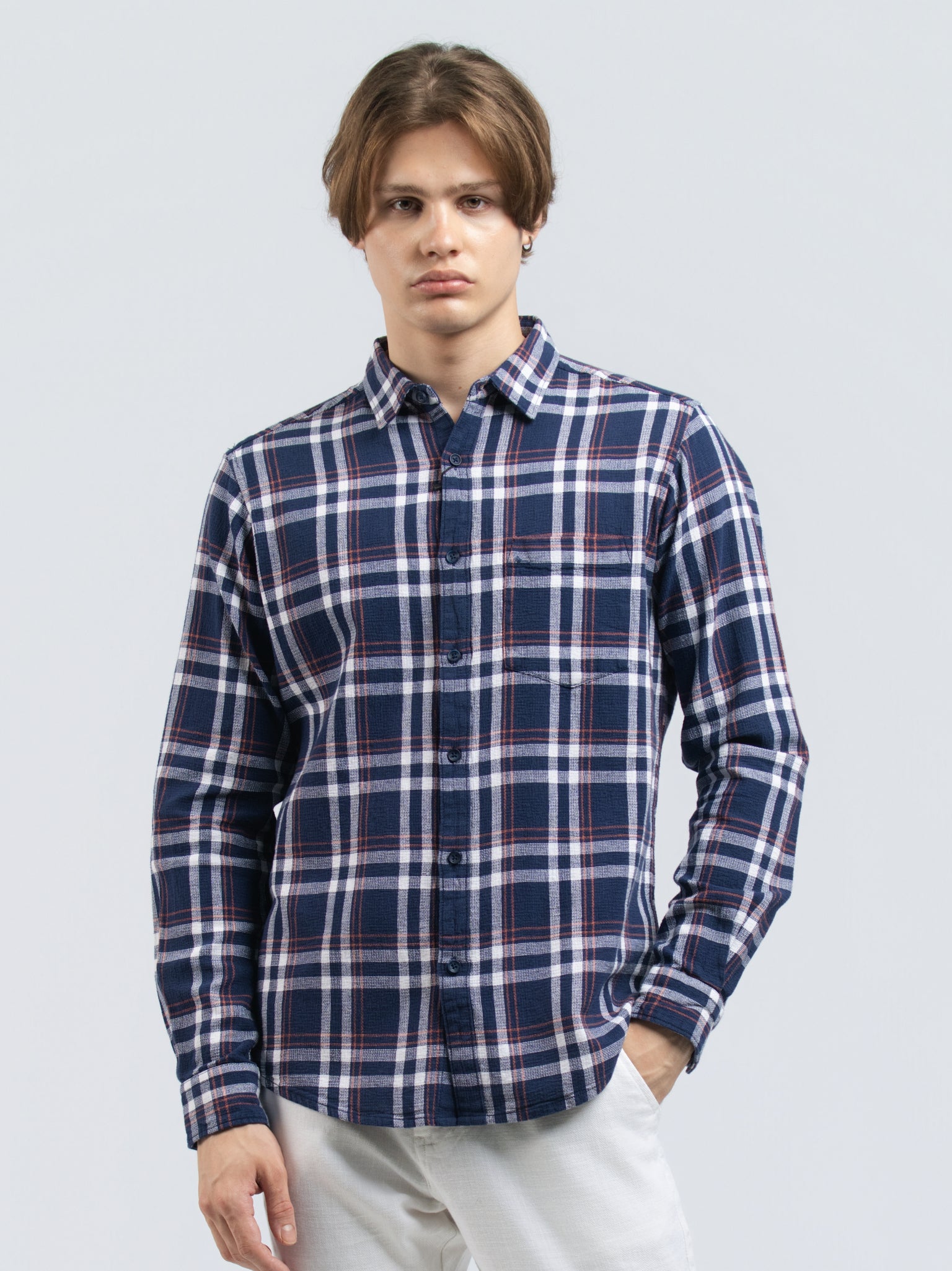 DEEDAT Slim Fit Long Sleeve cutaway collar check shirt - Blue