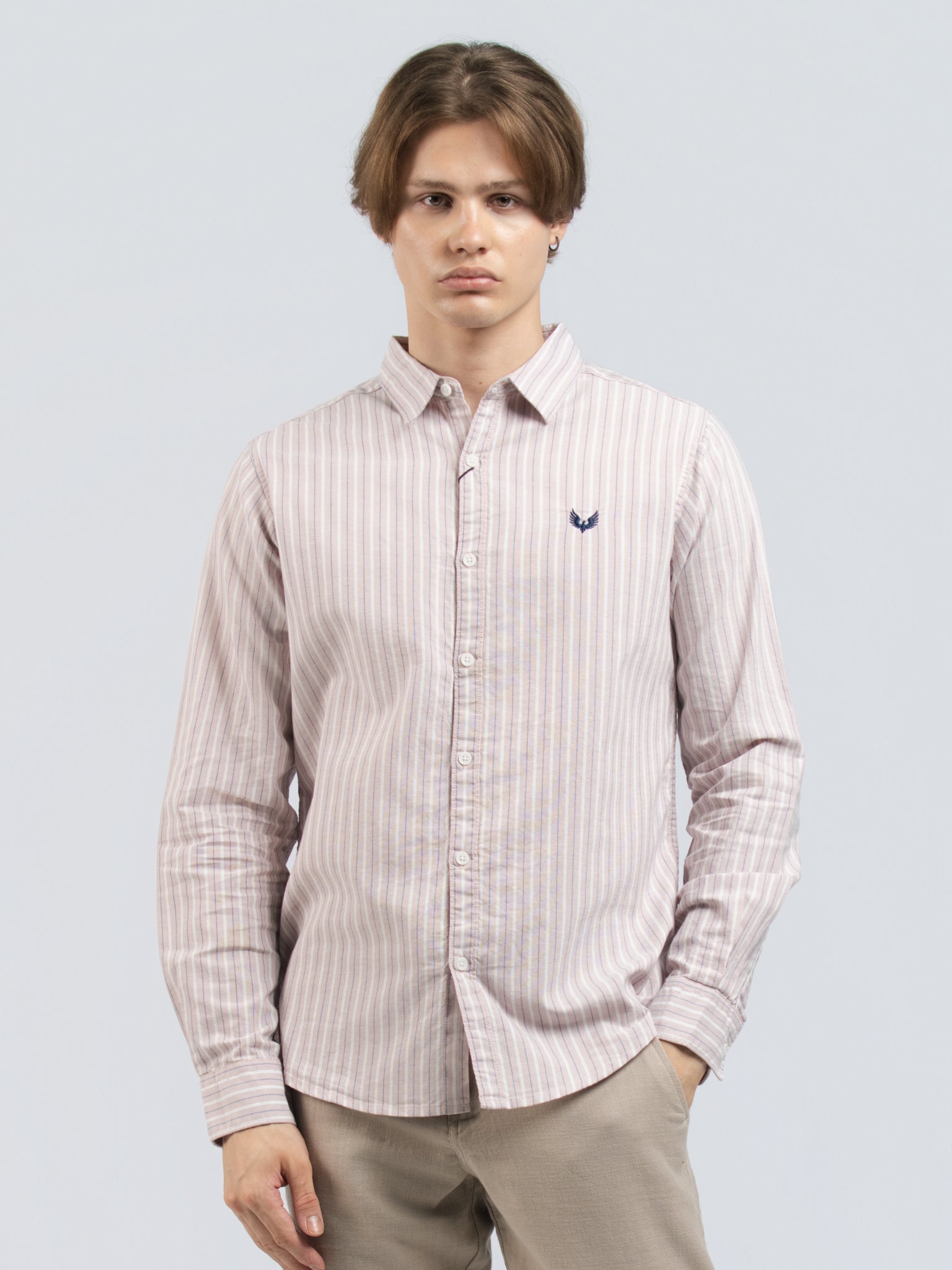 DEEDAT Striped Long Sleeves  Cutaway Collar Shirt - pink