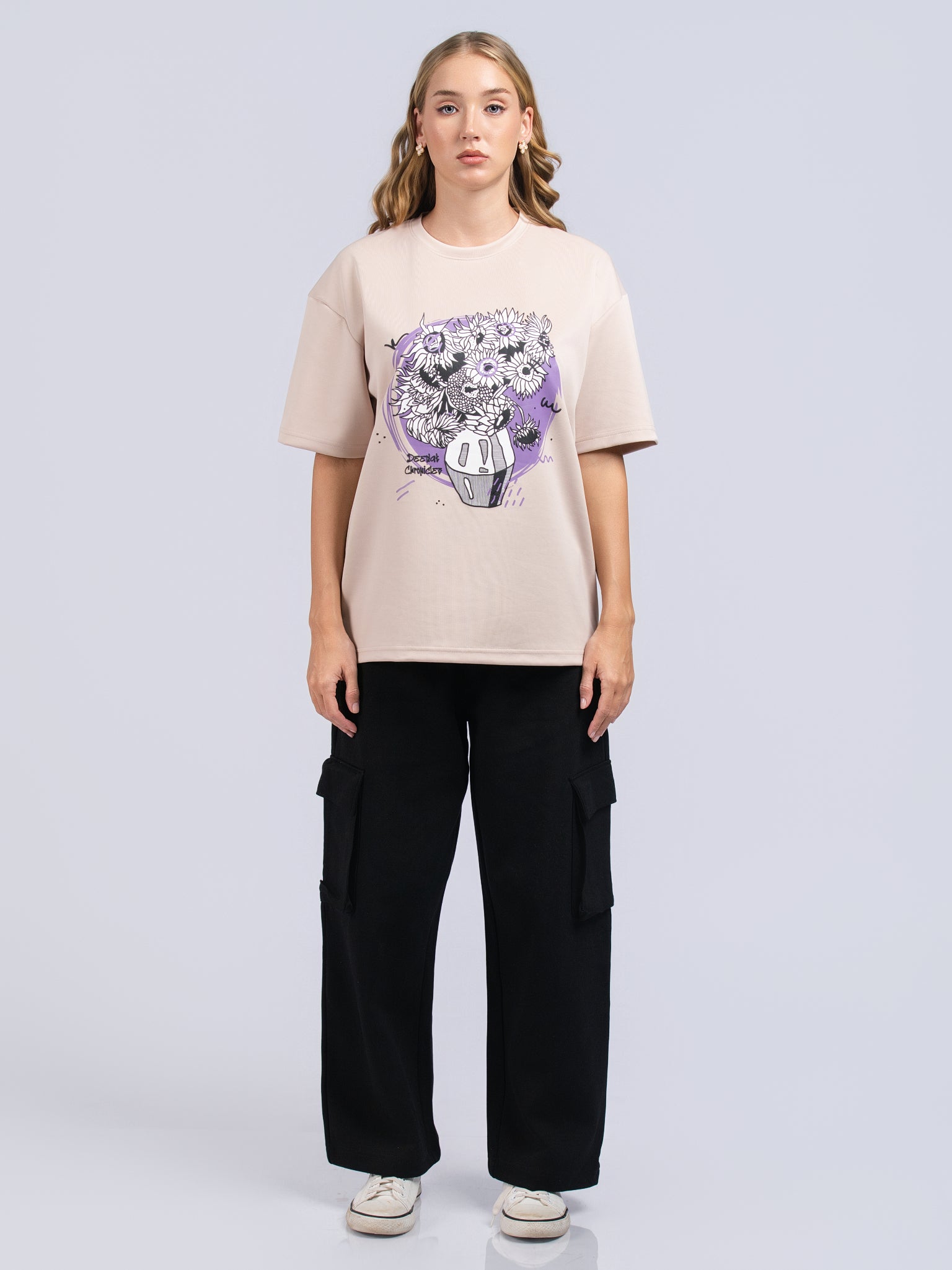 DEEDAT Women's Cutaway Collar Oversized Tees - Beige