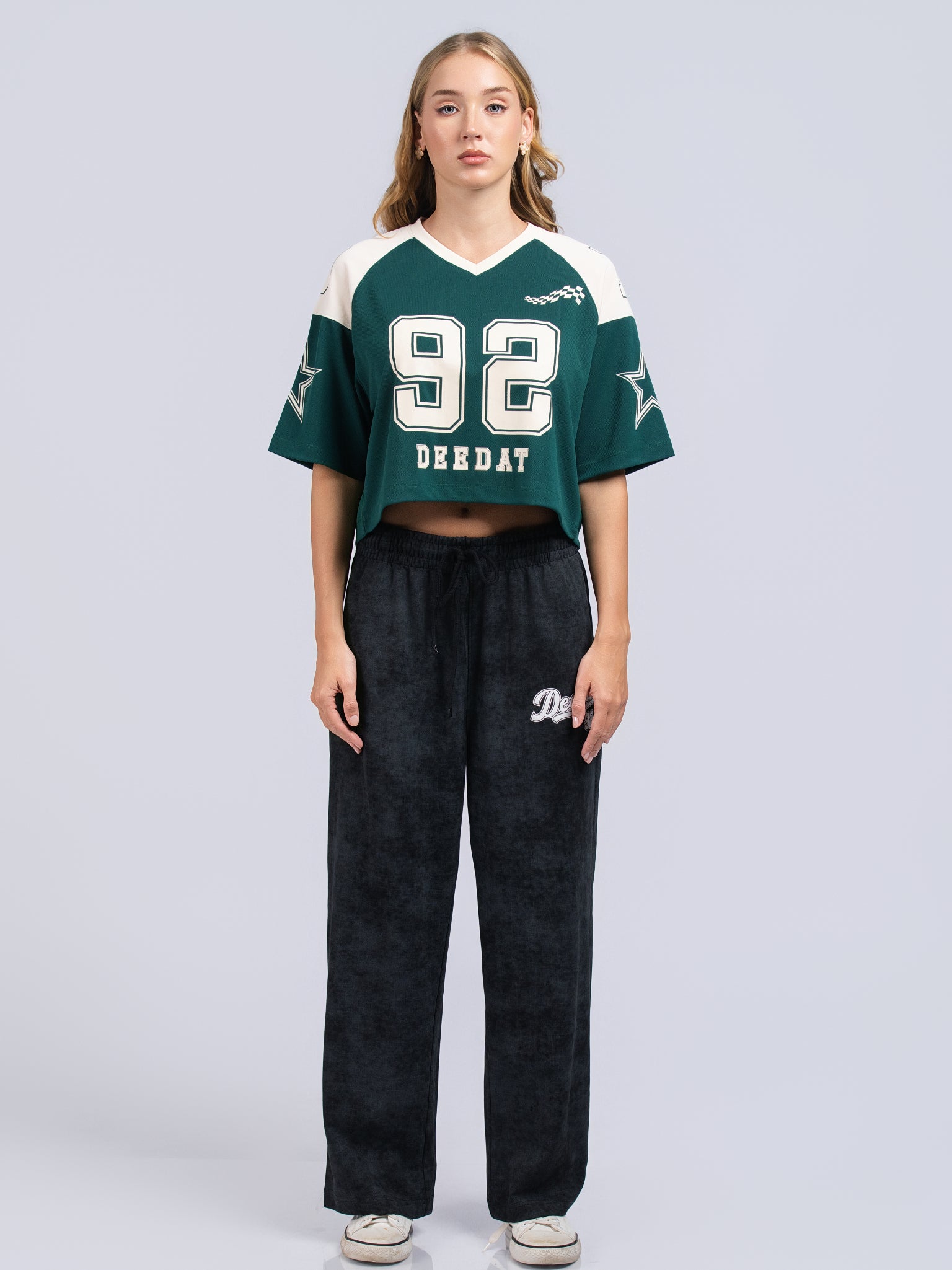 DEEDAT Women's V Neck Crop Oversized Tees - Green