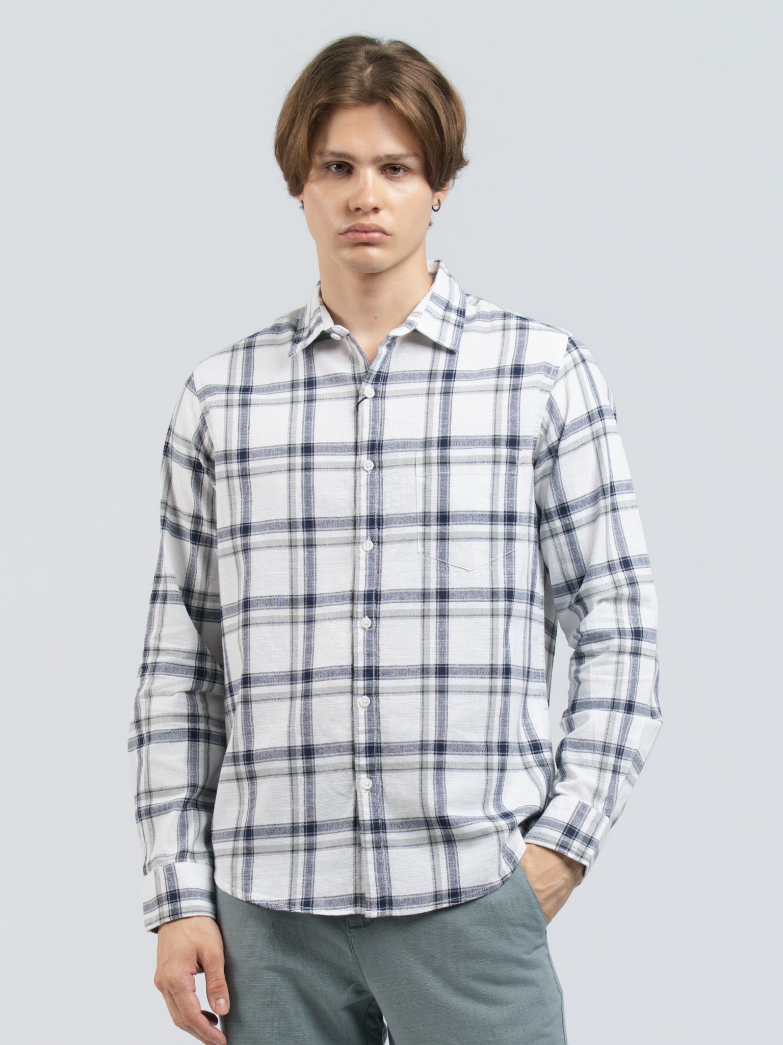 DEEDAT Slim Fit Long Sleeve check shirt - White/gray
