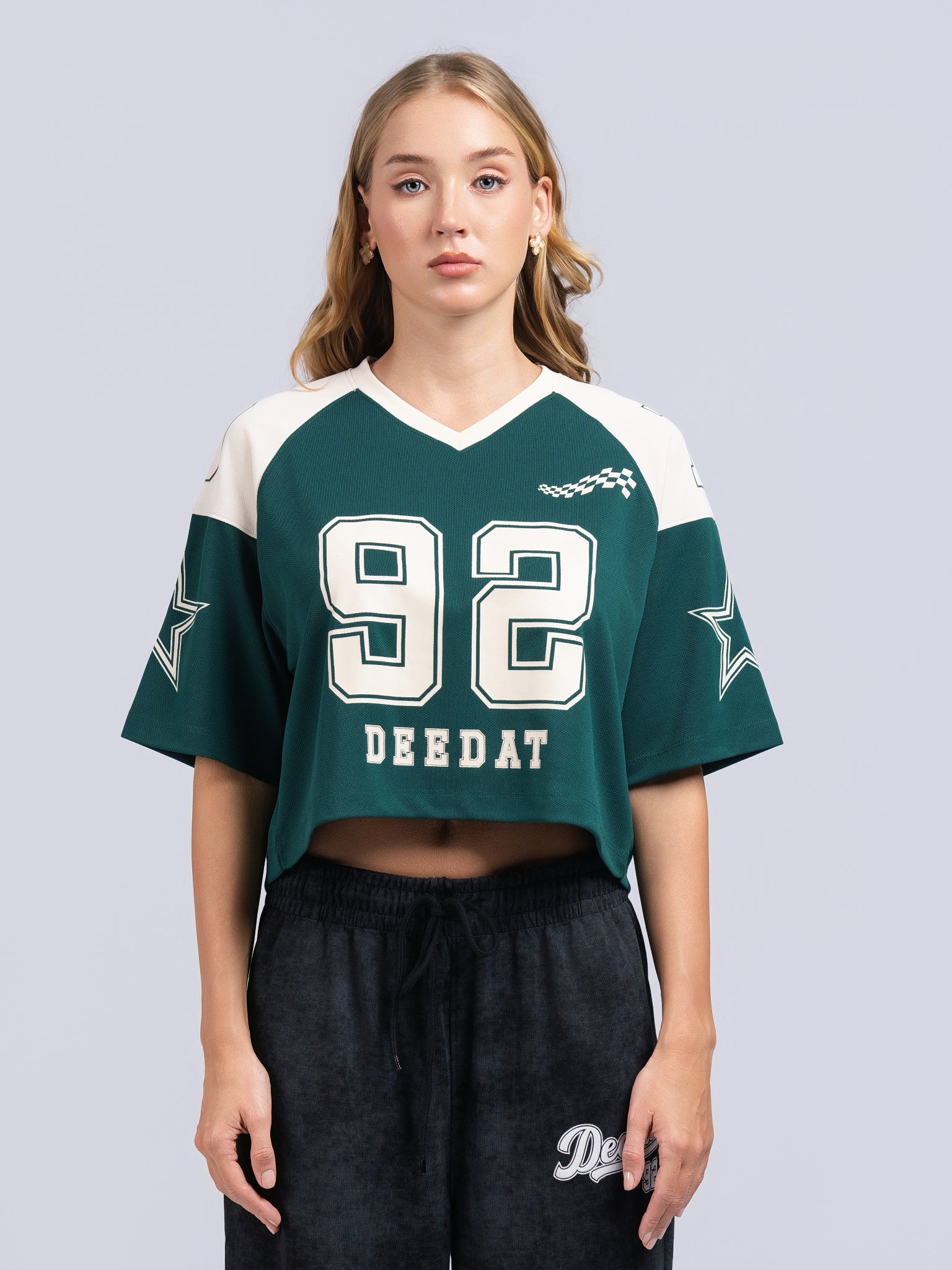 DEEDAT Women's V Neck Crop Oversized Tees - Green