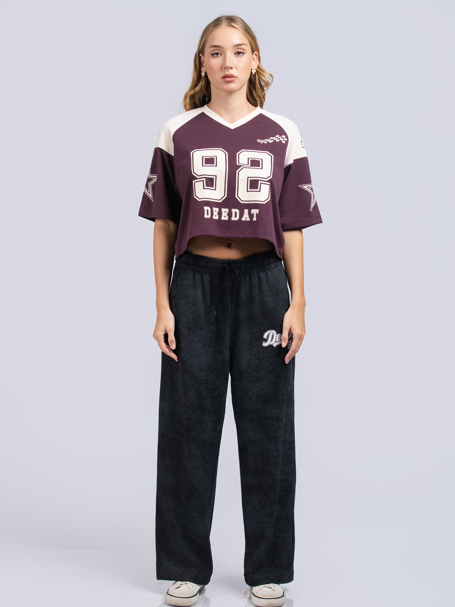 DEEDAT Women's V Neck Crop Oversized Tees - Plum