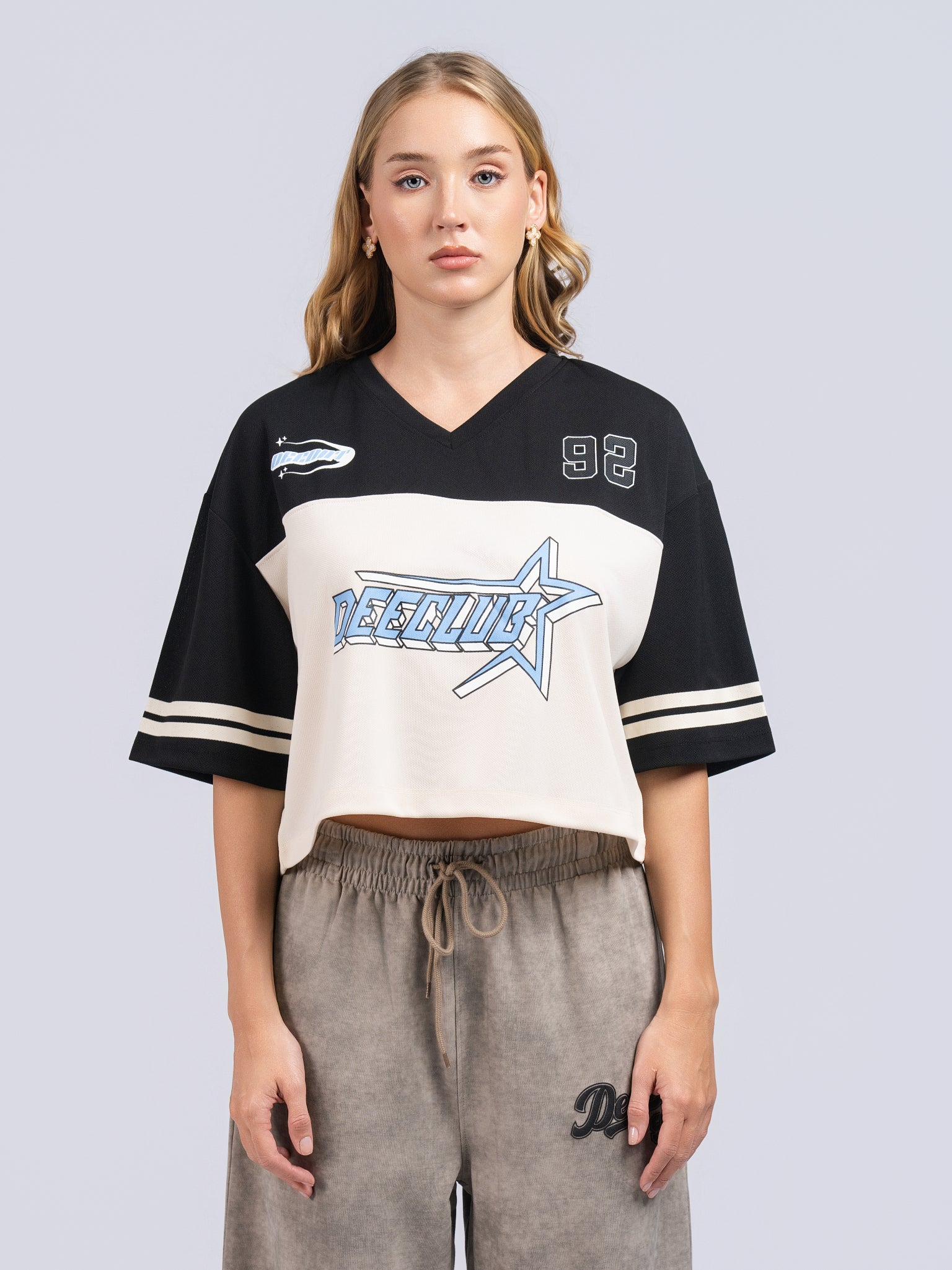 DEEDAT Women's V Neck Crop Oversized Tees - Black