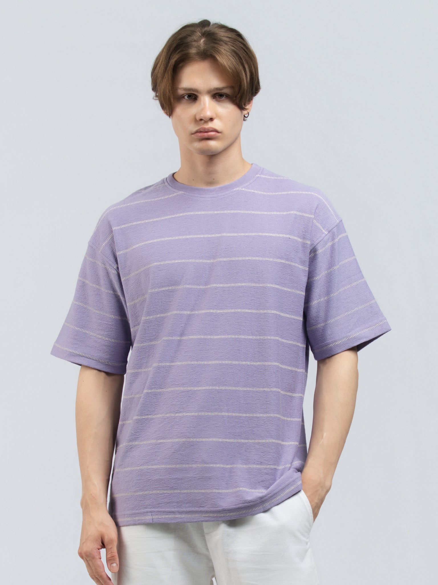 DEEDAT Stripe Oversized  Crew Neck Tees - Purple