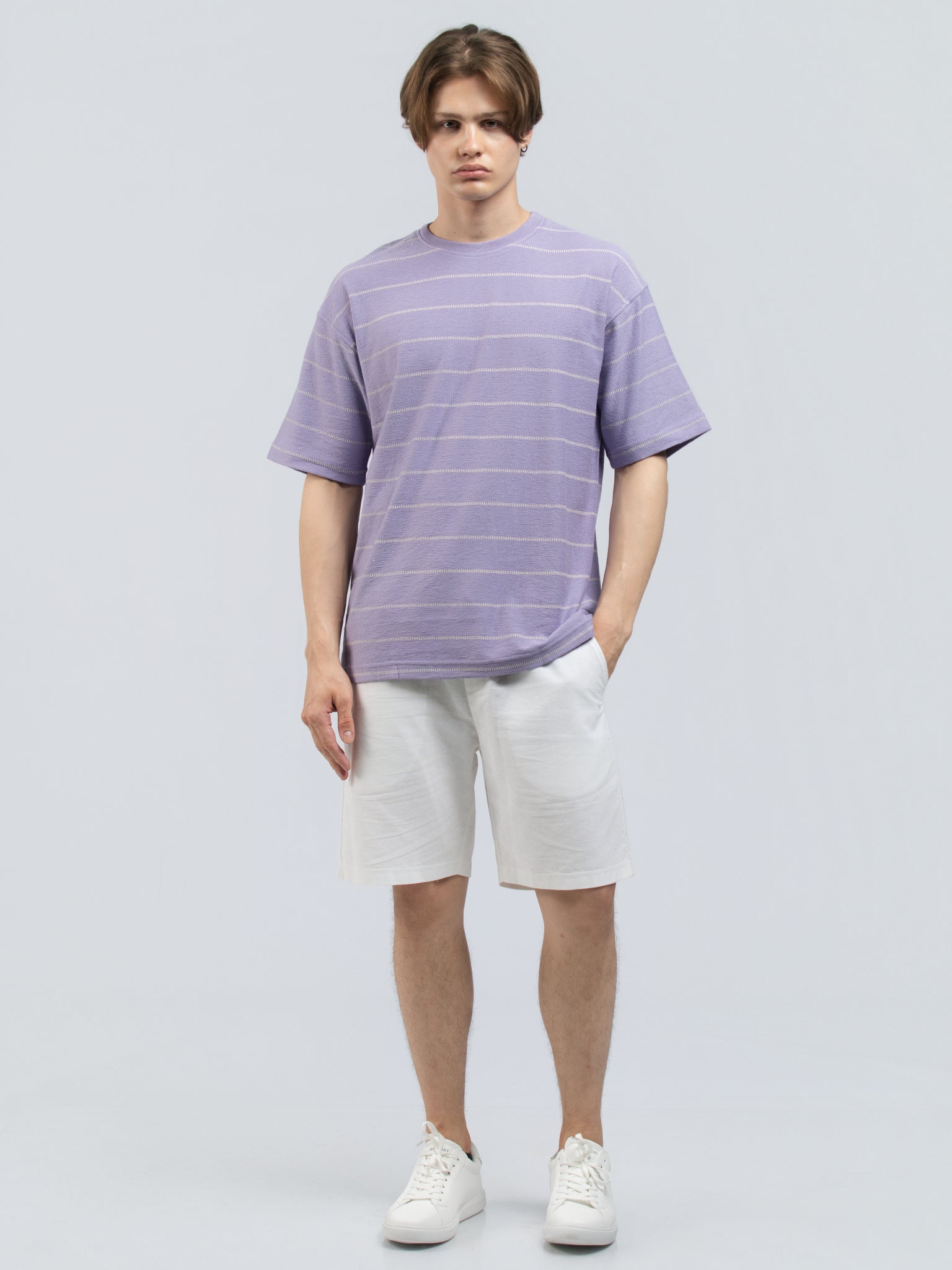 DEEDAT Stripe Oversized  Crew Neck Tees - Purple