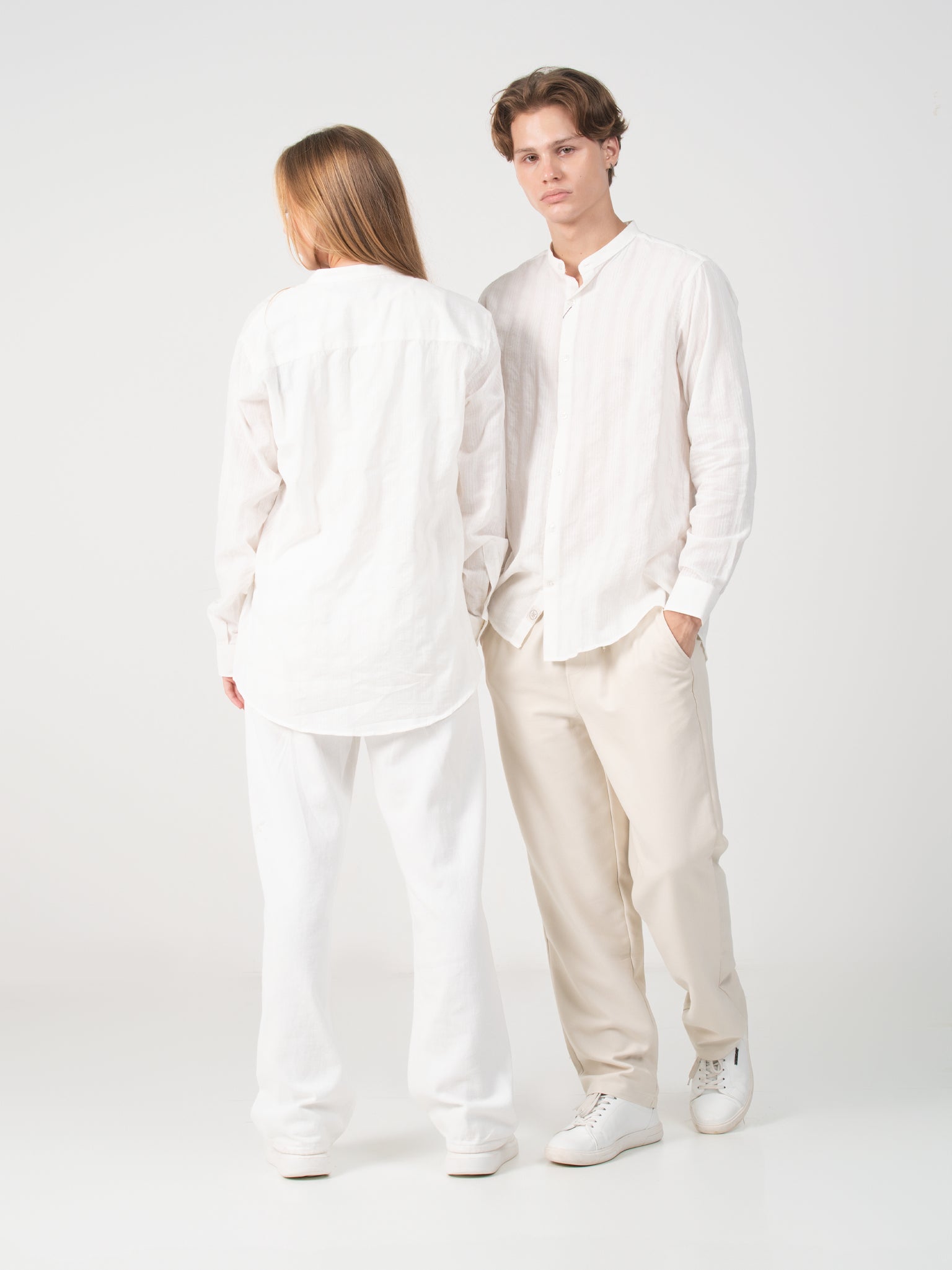 DEEDAT Regular Fit Long Sleeve Mandarin Collar Shirt - White