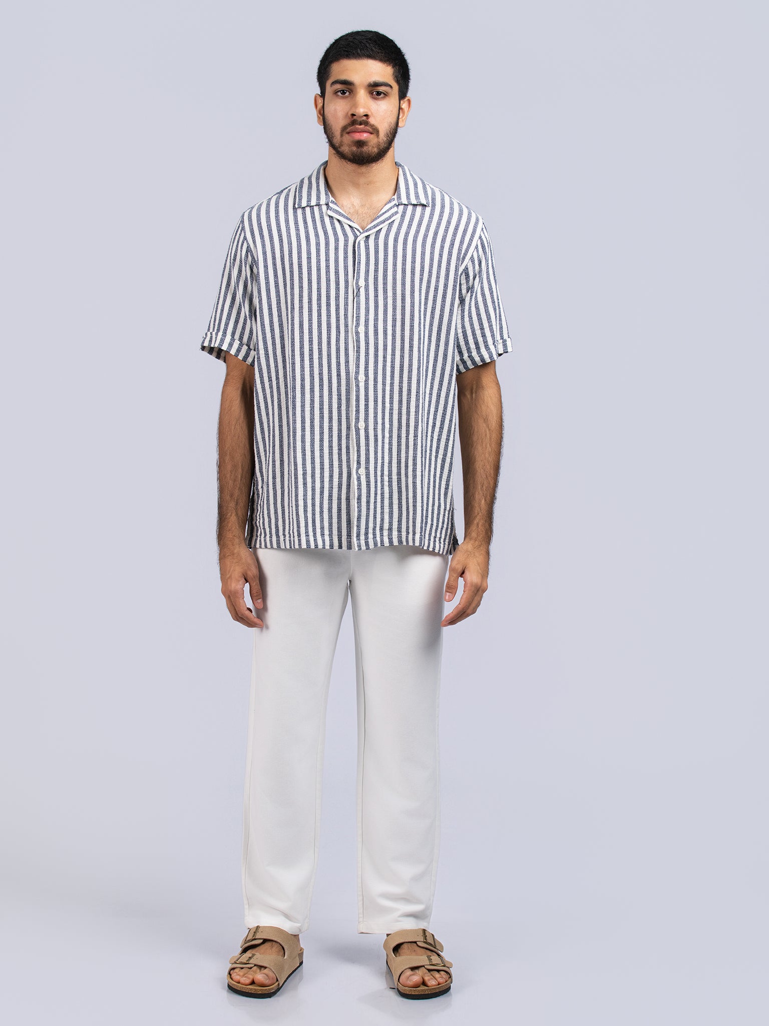 DEEDAT Cuban Collar Regular Fit Casual Shirt - Navy/Beige